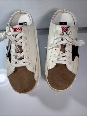 Golden Goose Super-Star Sneakers EU 41 White Brown Suede Black Glitter Star